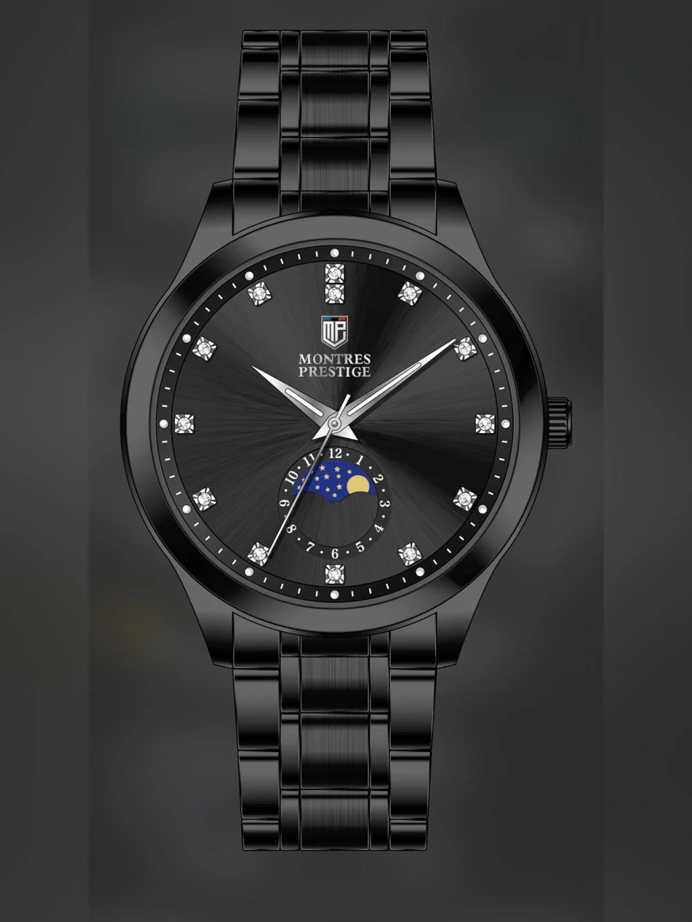 Montres Prestige Men 42mm Black Tone Case Black Metal Dial new
